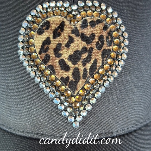 NWT Handmade Black Ball Cap, Animal Print Heart Lined With Crystals - Picture 3 of 10